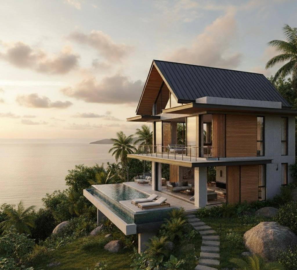 Yatırım için uygun ikiz villa mimari planı ve dış görünüşü.